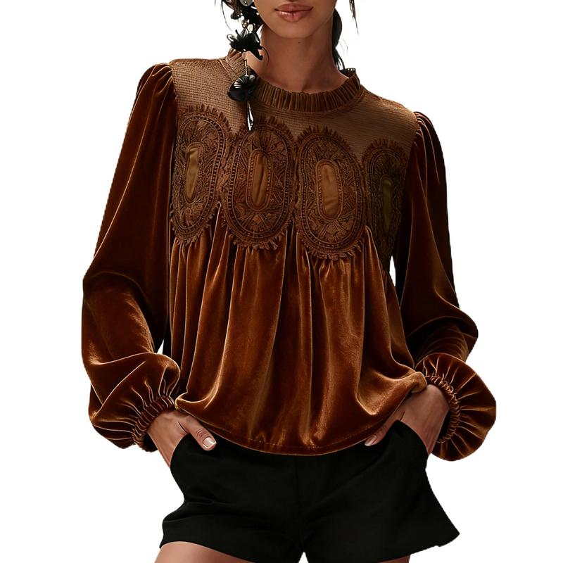 ISABELLA™ - Women Velvet Trim Lace Flared Blouse Top