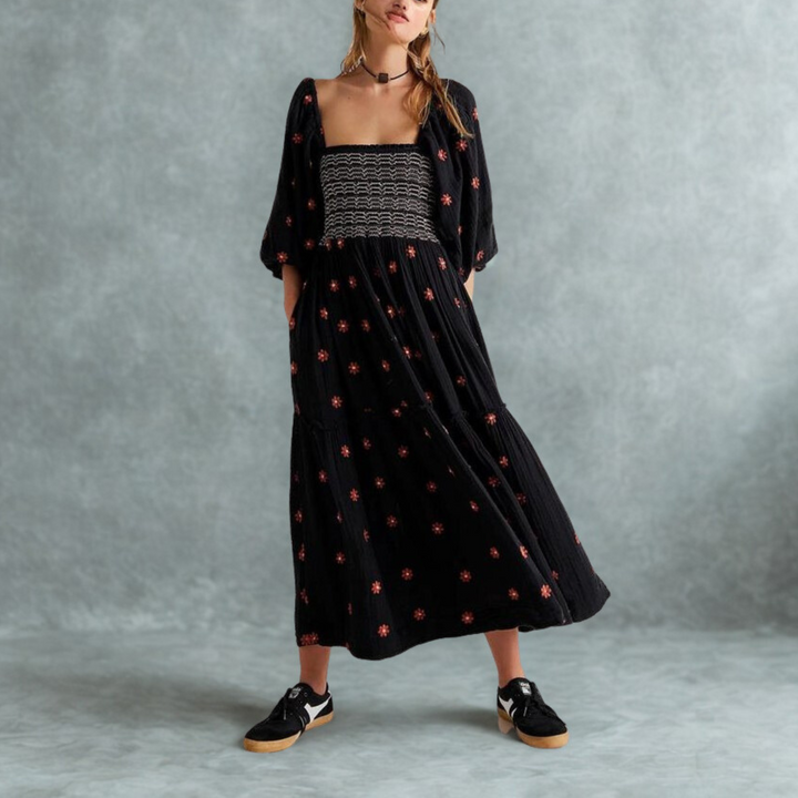 MOIRA™ - Comfy Floral Lantern Sleeve Square Neck Maxi Dress