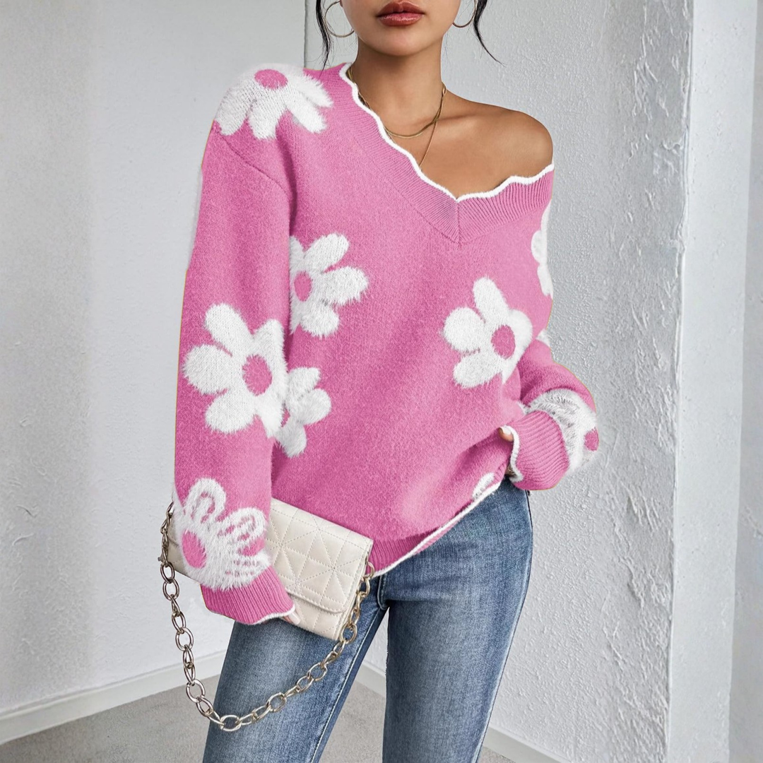 KYUPA™ - Casual Drop Shoulder Long Sleeve V-Neck Sweater