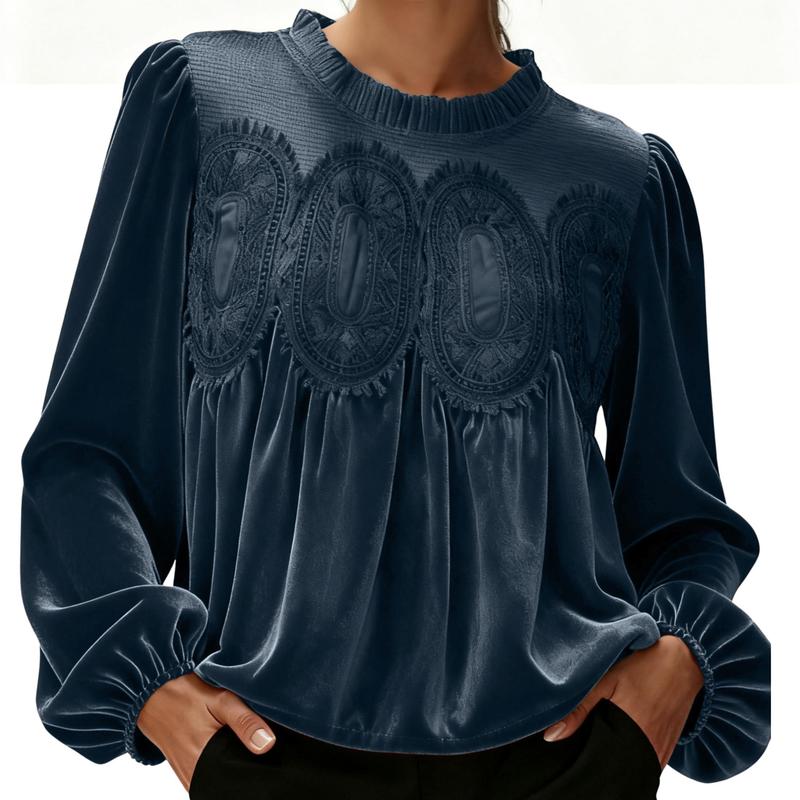 ISABELLA™ - Women Velvet Trim Lace Flared Blouse Top