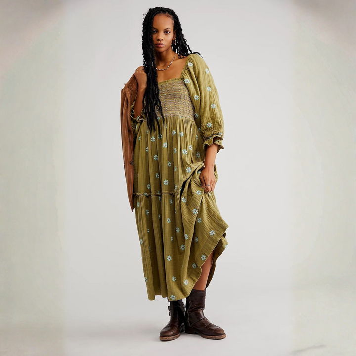 MOIRA™ - Comfy Floral Lantern Sleeve Square Neck Maxi Dress