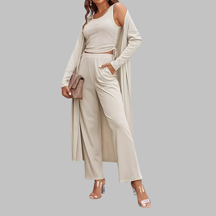 SANORA™ - Casual Lightweight Three Piece Long Cardigan Drawstring Top and Pants Sleepwear