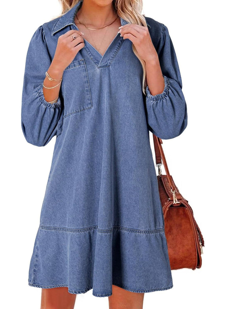 RAICHEL™ –  Relaxed Denim V Neck Babydoll Dress