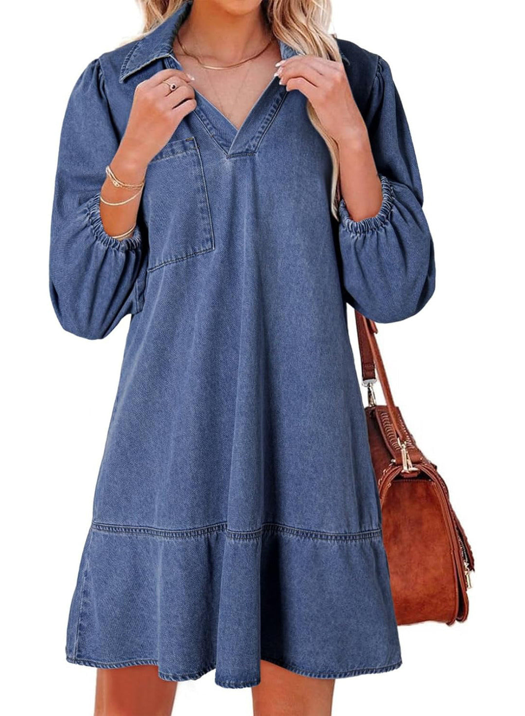 RAICHEL™ –  Relaxed Denim V Neck Babydoll Dress