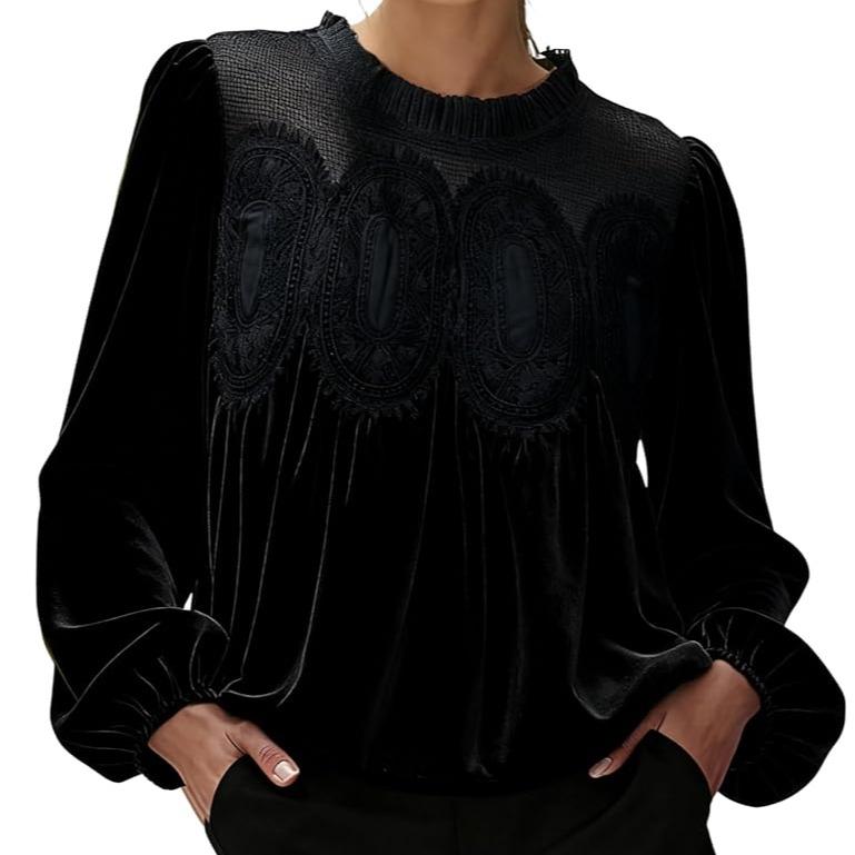 ISABELLA™ - Women Velvet Trim Lace Flared Blouse Top